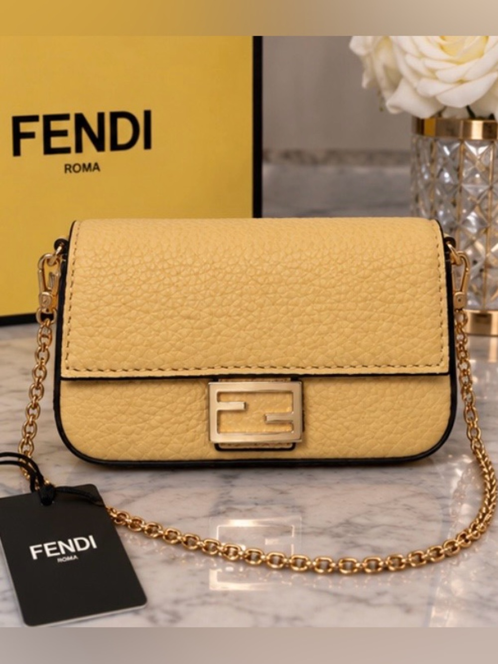 Fendi Nano Baguette Yellow Leather Crossbody Bag